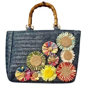 Haute Hippie Blue Straw Rattan Floral Bamboo Satchel Beach Pool Tote Bag Purse